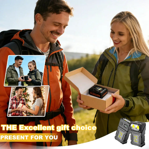 Couple exchanging 2 Pack Clip On Flashlight With Magnetic Base And USB C Charging, 800 Lumen Hat Clip Light outdoors.