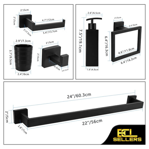 Matte Black 7-Piece Bathroom Accessories Set with 24 Inch Towel Bar Soap Dispenser Toilet Paper Holder Ceramic Toothbrush Holder Robe Hooks