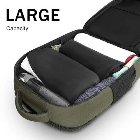Open green Carry On Travel Laptop Backpack For Airlines Personal Item With Shoe Compartment Water Resistant Weekender Overnight Bag That Fits A 17 Inch Laptop under seat showing full packing capacity
