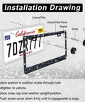 Installation diagram showing Two Pack Bling License Plate Frame For Women, Rhinestone Crystal Embellished Premium Stainless Steel Car Accessory With Diamond Glitter Caps, Black Finish, Fits Any Standard US Plate, Glam Look And Durable Build with labeled screws and caps for assembly.