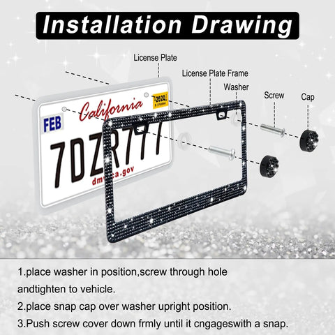 Installation diagram showing Two Pack Bling License Plate Frame For Women, Rhinestone Crystal Embellished Premium Stainless Steel Car Accessory With Diamond Glitter Caps, Black Finish, Fits Any Standard US Plate, Glam Look And Durable Build with labeled screws and caps for assembly.