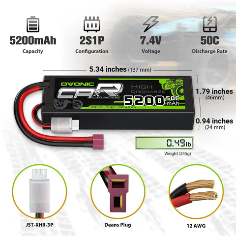 2S 5200mAh 7.4V LiPo Battery Pack with Dean Style T Connector for Cars Trucks Boats and RC Vehicles, 2 Pack Hard Case