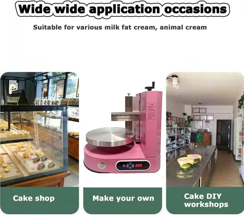 Portable Automatic Cake Icing Smoothing And Decorating Machine Electric Icing Tool For Smooth Coats And Clean Edges Easy To Use Adjustable Speed Ideal For Birthday Cakes At Home Or In A Bakery Green shown with cake shop and DIY workshops.