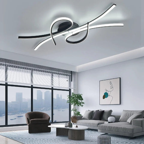 Slick Modern LED Ceiling Light Fixture 54W 3780 Lumens Flush Mount Chandelier in living room, black finish, dimmable with remote control
