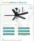 52 Inch Outdoor Ceiling Fan With Lights And Remote For Porch Patio And Gazebo, IP65 Waterproof With 6 Speed DC Motor, Farmhouse Style Gazebo Fan For All Weather Outdoor Living Vibes, Weatherproof Black Finish showing specifications and dimensions.