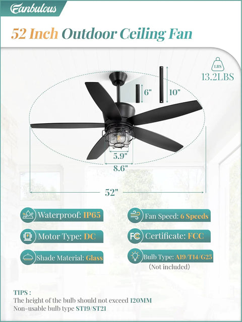 52 Inch Outdoor Ceiling Fan With Lights And Remote For Porch Patio And Gazebo, IP65 Waterproof With 6 Speed DC Motor, Farmhouse Style Gazebo Fan For All Weather Outdoor Living Vibes, Weatherproof Black Finish showing specifications and dimensions.