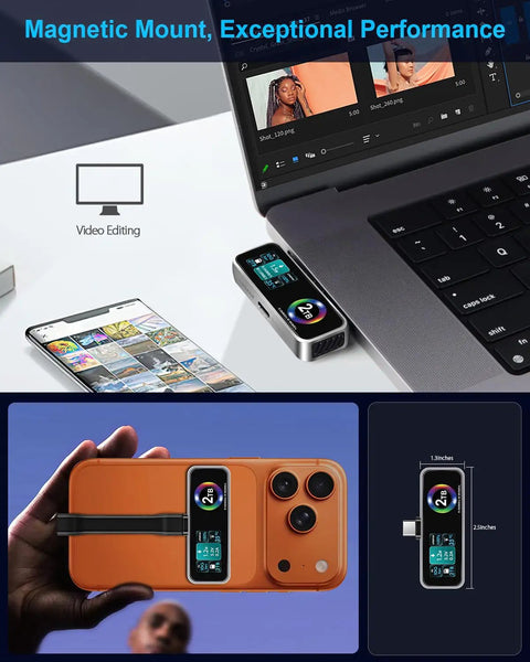 Magnetic Portable iPhone SSD For ProRes 4K 60fps Video 2TB External Storage next to laptop and iPhone with LCD display visible