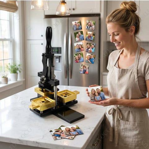 Fridge Magnet Maker Kit With 2 By 2 Inch Square Diy Photo Magnet Press Includes Paper Cutter 100 Sets Acrylic Supplies And 100 Sheets Photo Paper For Easy Custom Refrigerator Magnets on kitchen counter with woman holding photo.