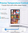 White 3.0 Cu Ft Upright Freezer With 7 Adjustable Temp Settings Compact Mini Freezer showing adjustable shelves and food storage.