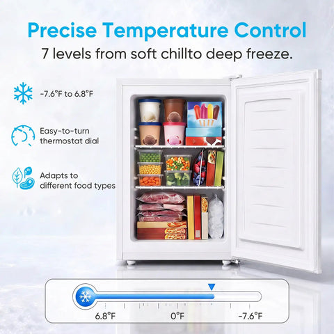 White 3.0 Cu Ft Upright Freezer With 7 Adjustable Temp Settings Compact Mini Freezer showing adjustable shelves and food storage.