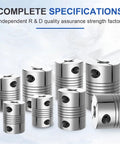 Heavy Duty Aluminum Clamping Shaft Coupler For Step Motors 4 6mm Bore Sizes showcased in various angles against a light background.