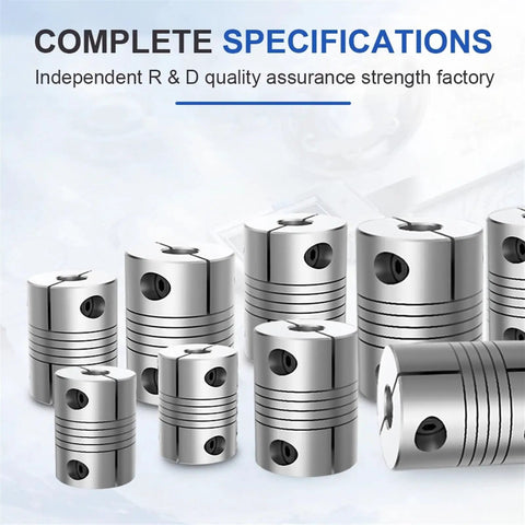 Upgrade Your Build With This Clamping Type Aluminum Elastic Winding Shaft Coupler For Stepper Motors showing various sizes.