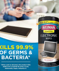 Weiman Electronic Wipes bottle, 30-count, on a table beside a tablet.