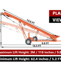 Plan view of Gas Powered Firewood Conveyor with 19.7 Inch Wide PVC Belt, Height Adjustable Manual Winch, 31 Ft Long, Orange