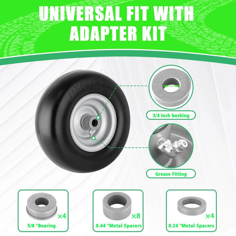 Flat Free 11x4.00-5 Lawn Mower Tires With Wheel Kit Two Pack Universal Fit Rim Centered Hub Uses Bushings Three Quarter Inch