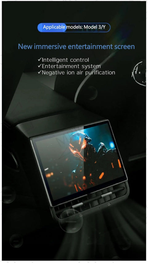 Slick Aftermarket Rear Seat Entertainment Screen For Tesla Model 3 And Model Y With 8.66 Inch HD touchscreen displaying entertainment content.