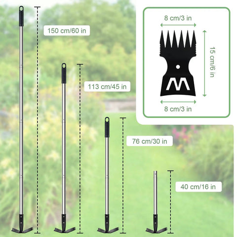 Long Handle Weed Puller Tool 60 Inch 2 In 1 Weed Rake And Hoe for Weeding with size comparison of detachable handles in garden.