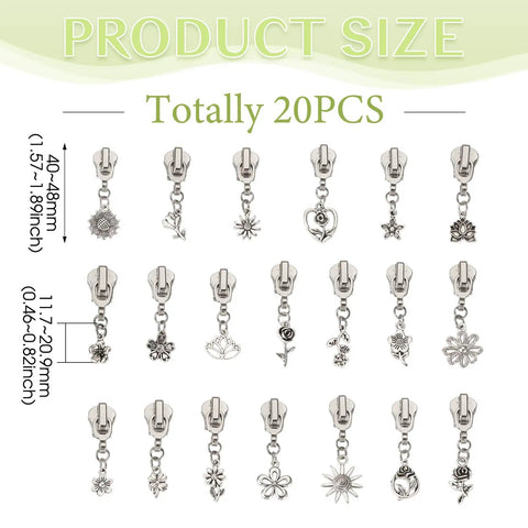 Flower Metal Zipper Pull Replacement Sliders Set 20 Pcs Durable Alloy With Platinum Finish for various crafts and apparel