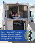 Built Like A Tank Black Six Leaf Friction Hinge Assembly For RV Camper And Entry Doors, shown in camper setup with door open.