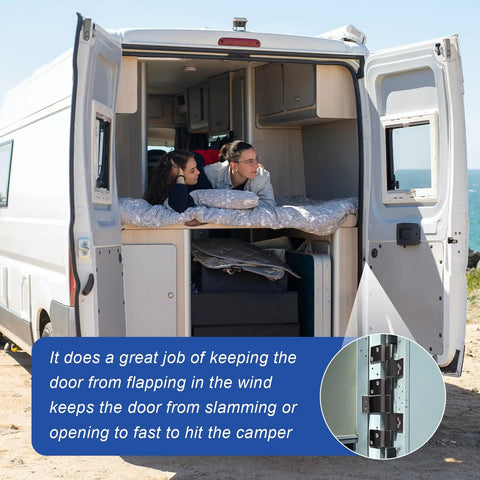 Built Like A Tank Black Six Leaf Friction Hinge Assembly For RV Camper And Entry Doors, shown in camper setup with door open.