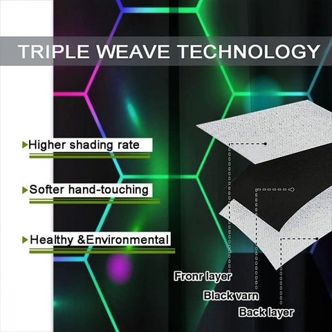 Triple weave technology details with neon honeycomb design on Lit Neon Curtains With 3D Neon Lights Pattern And Honeycomb Design For Kids And Teens Rooms Modern Living Room Window Drapes Rod Pocket No Blackout 42x44.5 Inches Two Panel Set