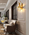 Modern Retro Copper Wall Lamp Sconce For Bedroom And Hallway Wall Mounted Light Fixture shining on a wall near a cozy seating area.