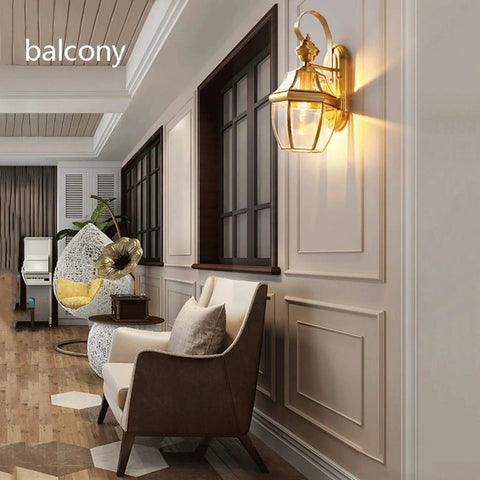 Retro Copper Wall Sconce Top Shelf All Metal Casting Dry Rated For Bedrooms Hallways And Porches beside a cozy chair.