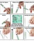 Image showing All In One Nail And Foot Care Kit For Women Pro Grade 12 Piece Manicure Pedicure Set In Green Travel Case with various nail tools.