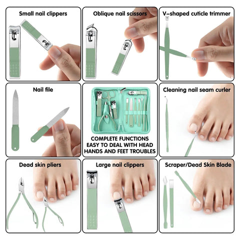 Image showing All In One Nail And Foot Care Kit For Women Pro Grade 12 Piece Manicure Pedicure Set In Green Travel Case with various nail tools.