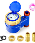 Vertical Water Meter With Three Quarters Inch NPT Couplings For Garden Or Home Use displayed with brass fittings and accessories.