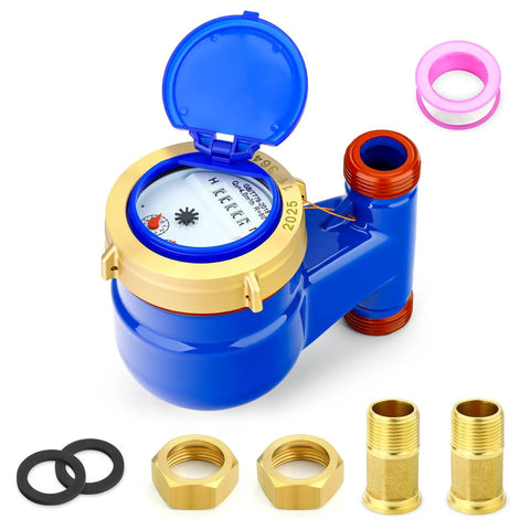 Vertical Water Meter With Three Quarters Inch NPT Couplings For Garden Or Home Use displayed with brass fittings and accessories.
