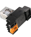 Side view of Six Pack AC 110V And 120V 4PDT DIN Rail Power Relay With Socket Set, 14 Terminals, 35mm Mount, Red Indicator, Plastic Shell.
