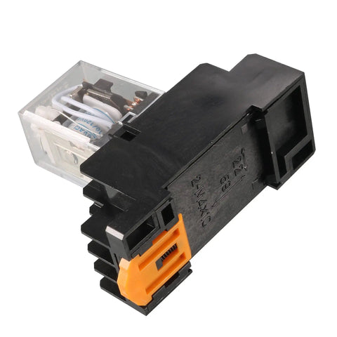 Side view of Six Pack AC 110V And 120V 4PDT DIN Rail Power Relay With Socket Set, 14 Terminals, 35mm Mount, Red Indicator, Plastic Shell.