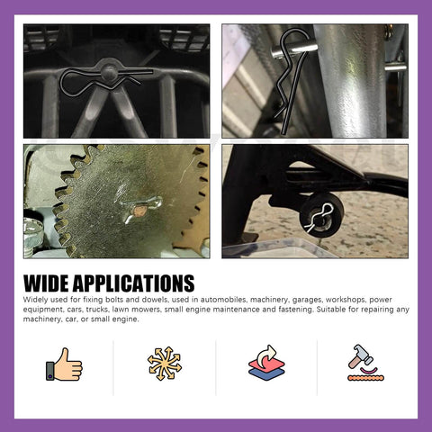 100 Piece Clevis Pin And Cotter Pin Kit With 10 Sizes Flat Head Pins R Pins Hairpins And Split Pins used in machinery and automotive projects.