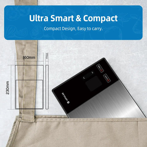 Smart Digital Kitchen Scale With 23 Nutrients Tracking For Weight Loss, compact size in pocket with dimensions shown