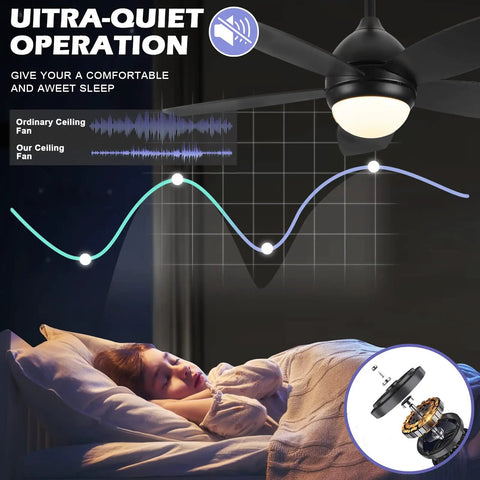 Coal Black DC Motor Ceiling Fan With Lights, Dope 42 Inch Modern Remote Control Ceiling Fan illustrating ultra-quiet operation.