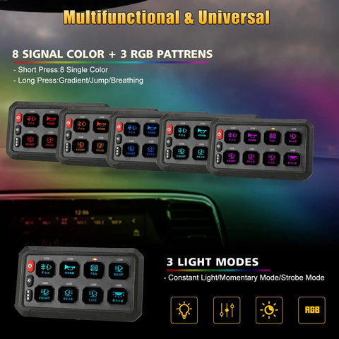 8 Gang Switch Panel With Wireless Remote And RGB Backlit Multifunction Toggle showing RGB patterns and light modes