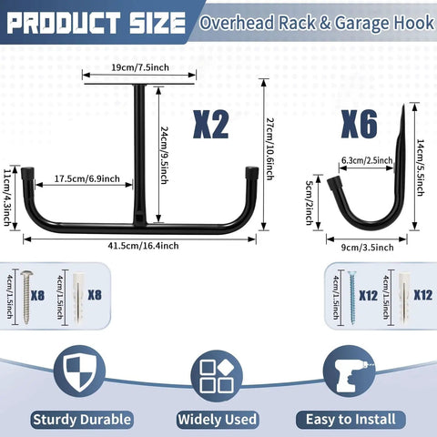 Diagram showing two Overhead Garage Storage Racks with Six J Hooks, dimensions for each rack, and easy installation guide.