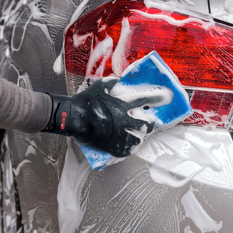 Person washing car with sponge wearing Waterproof Thermal Work Gloves With Full Hand Latex Coating And Insulated Acrylic Liner For Freezer Cold Weather Dope Crinkle Grip For Men And Women Red Large