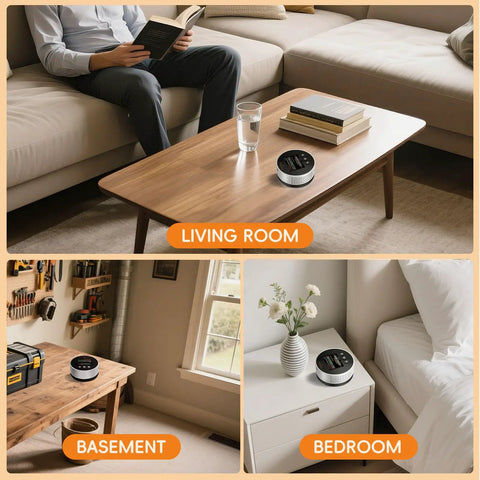 Long Life Radon Detector With 20 Year Sensor And Home Air Quality Monitor on coffee table in living room