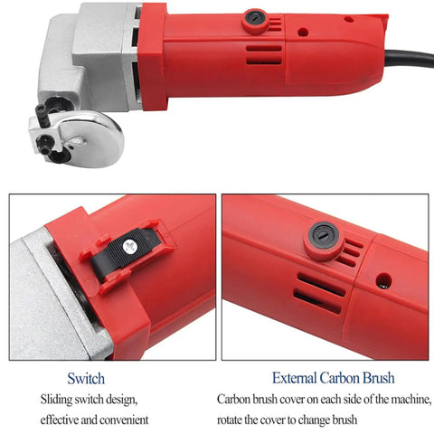 Acivirdde Electric Sheet Metal Shears For Precise Cuts And Heavy-Duty Projects with sliding switch and carbon brush access.