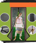 Hands Free Magnetic Screen Door 39x83 Fiberglass Mesh Full Frame Seal Heavy Duty in use, woman walking through with laundry basket