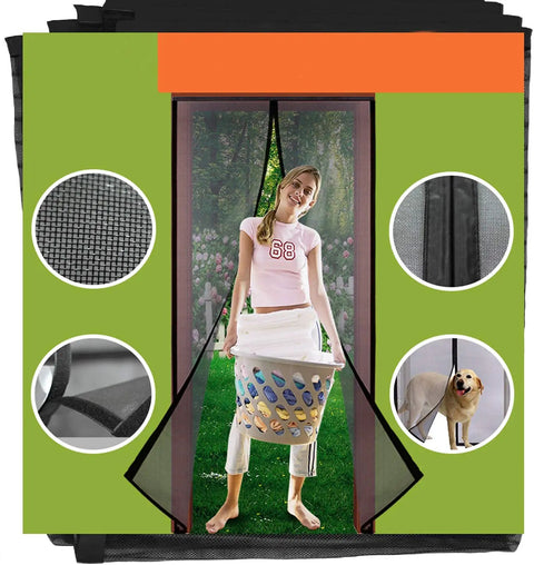 Hands Free Magnetic Screen Door 39x83 Fiberglass Mesh Full Frame Seal Heavy Duty in use, woman walking through with laundry basket