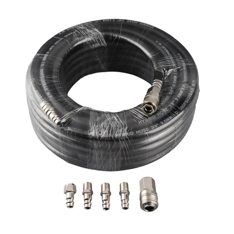 Heavy Duty 15 Meter Pneumatic Air Hose Kit For Garage Pros Features 900 PSI Max High Pressure Rating With Flexible Reinforced Rubber Design That Handles Hot Cold Temps And Delivers Rock Solid Reliability For Daily Shop Work And Inflation Jobs, coiled with fittings