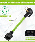 Tesla Compatible Nema TT-30 Adapter For Gen 2 Mobile Connector 15.5 inch green cable with plug for 120V charging.