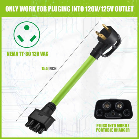 Tesla Compatible Nema TT-30 Adapter For Gen 2 Mobile Connector 15.5 inch green cable with plug for 120V charging.