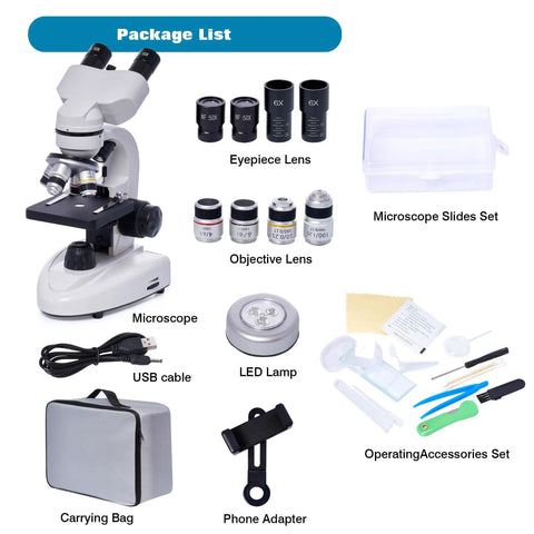 Binocular Compound Microscope with eyepiece lens, objective lens, USB cable, LED lamp, and accessories for adults and students.
