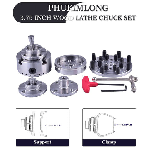 Pro Grade 3.75 Inch Wood Lathe Chuck Set With 4 Jaw Self Centering Scroll Chuck, 1 Inch 8TPI, shown with tools and parts