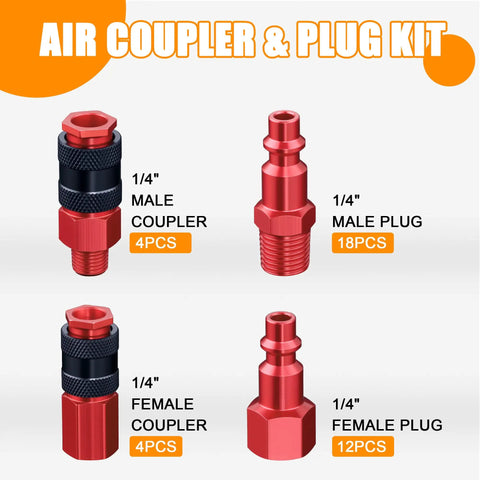 40 Piece Universal One Quarter Inch Quick Connect Air Fitting Kit With Aluminum Couplers And Plugs For Air Compressors DIY Projects Pro Grade Auto Maintenance In A Handy Box, showing various red aluminum couplers and plugs.