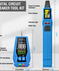 Digital Circuit Breaker Finder With GFCI Tester And Color LCD Display For Ninety To One Hundred Thirty Five Volts AC Circuits Quick Breaker Identification Built In Buzzer Alarm Batteries Included And Carrying Case Easy Setup shown with transmitter and receiver, labeled parts, and dimensions.